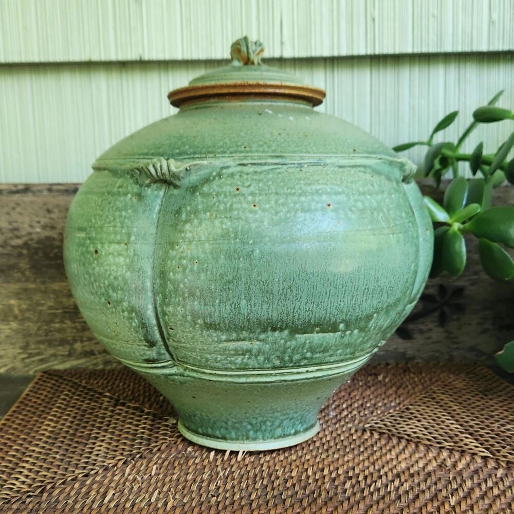Vintage Stoneware Pot with Lid 13"H | Les Miley! Master Potter, Celadon Green - Picture 7 of 13
